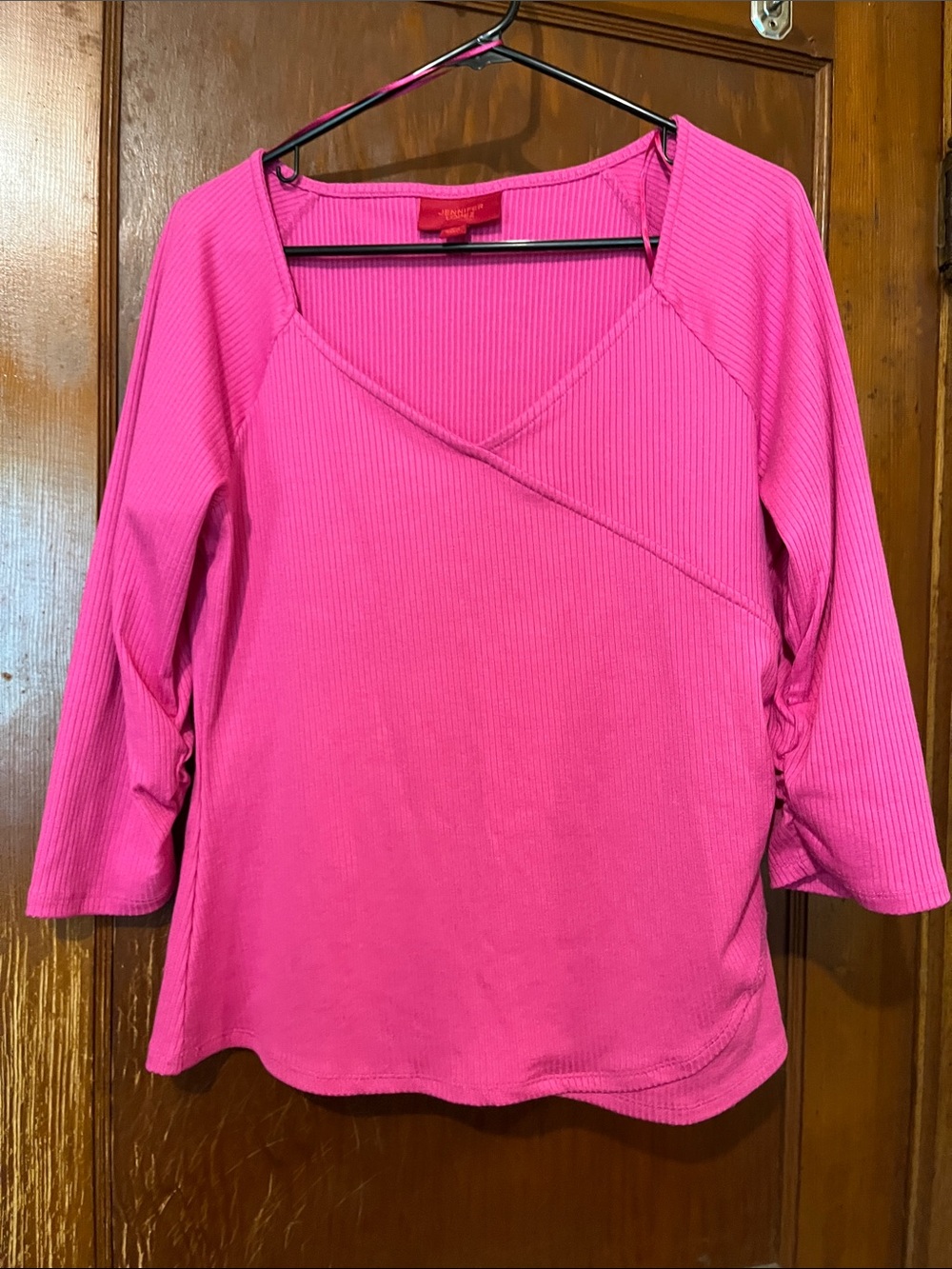 Jennifer Lopez Hot Pink Ribbed V-Neck Long Sleeve Top